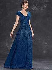 Dress Mother of the Bride Dress Elegant Party V Neck Floor Length Chiffon Polyester Short Sleeve with Sequin