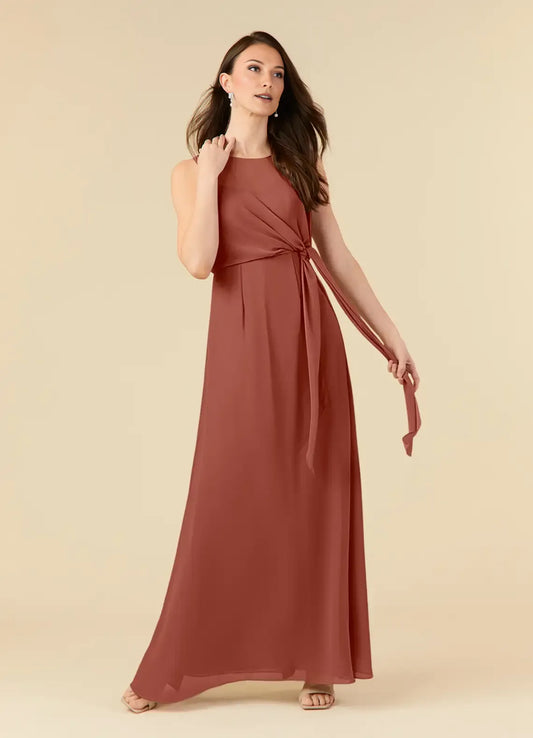trendy Auburn A-Line Scoop Pleated Chiffon Mother of the Bride Dress with Sleeveless Design Wrap Around Tie Waist