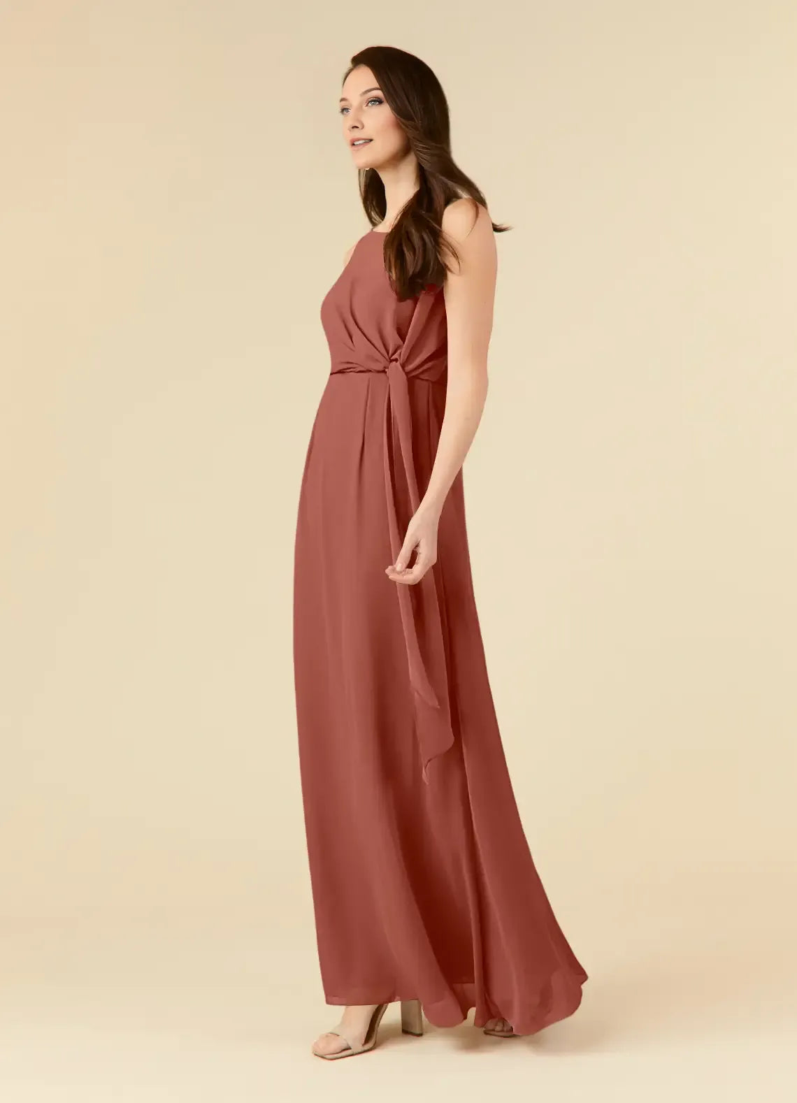 trendy Auburn A-Line Scoop Pleated Chiffon Mother of the Bride Dress with Sleeveless Design Wrap Around Tie Waist