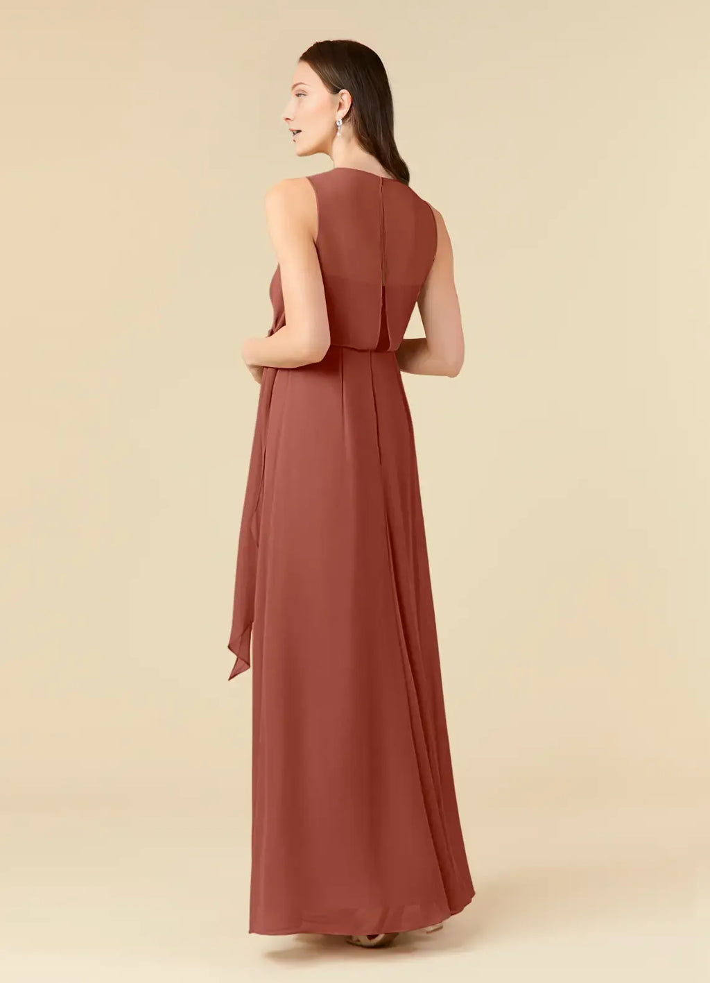 trendy Auburn A-Line Scoop Pleated Chiffon Mother of the Bride Dress with Sleeveless Design Wrap Around Tie Waist