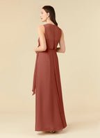 trendy Auburn A-Line Scoop Pleated Chiffon Mother of the Bride Dress with Sleeveless Design Wrap Around Tie Waist