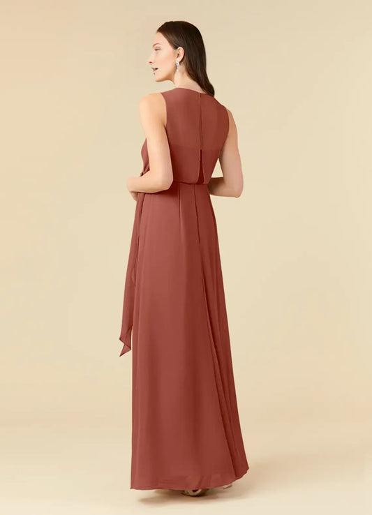 trendy Auburn A-Line Scoop Pleated Chiffon Mother of the Bride Dress with Sleeveless Design Wrap Around Tie Waist