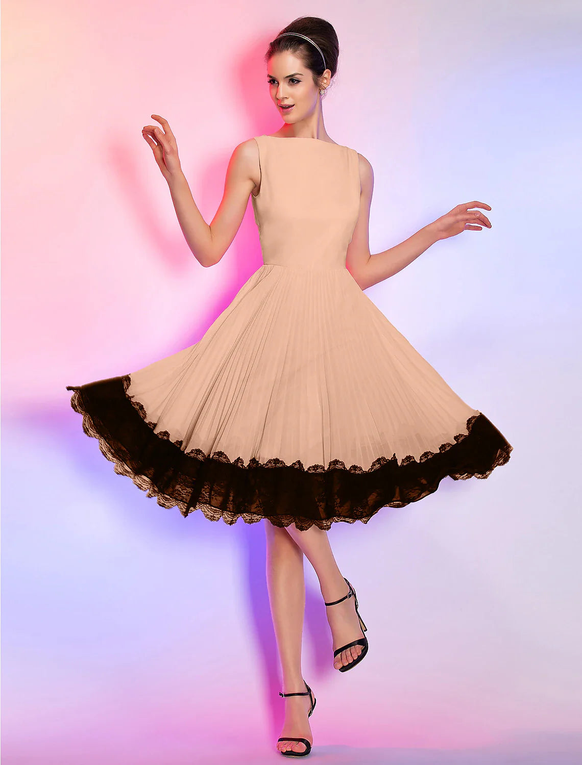 A-Line Cute Dress Homecoming Knee Length Sleeveless Boat Neck Pink Dress Chiffon with Lace