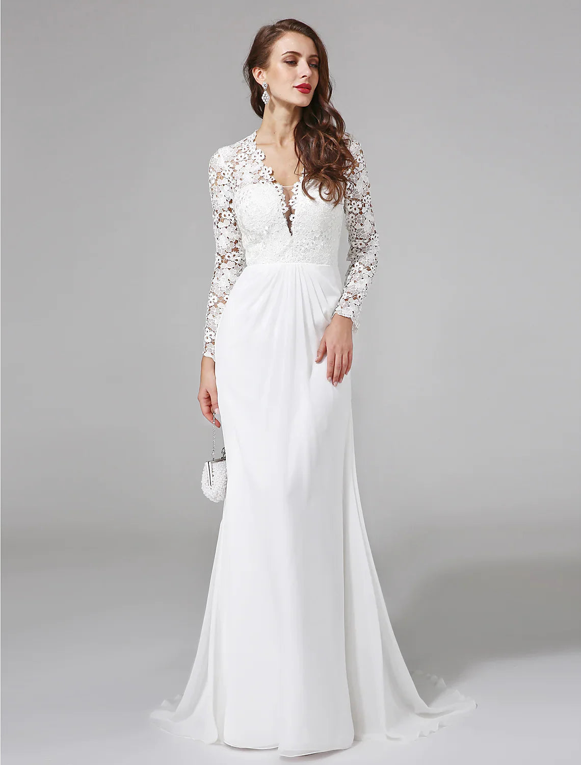 Beach Dresses Long Sleeve V Neck Chiffon With Lace Button