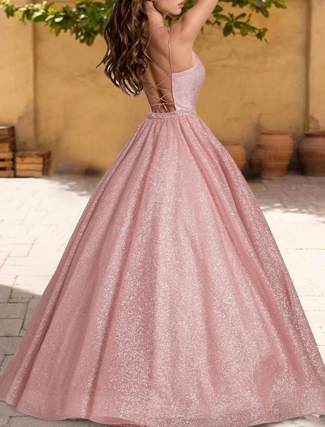 Ball Gown Quinceanera Dresses Sparkle & Shine Dress Sweet 16 Birthday Floor Length Sleeveless Spaghetti Strap Tulle with Glitter Criss Cross Pleats