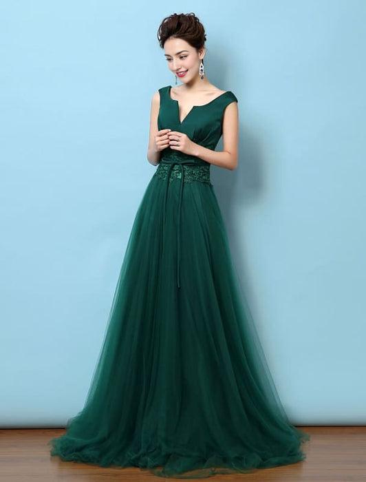Tulle Evening Dress Backless Mother'S Dress Dark Green Notched Neckline Lace Applique Bow Wedding Guest Dresses With Train Wedding Guest Dress