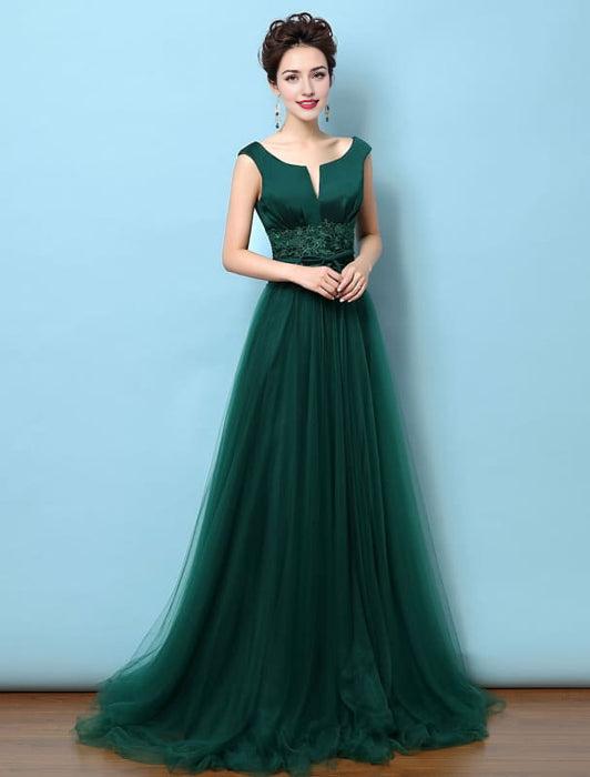Tulle Evening Dress Backless Mother'S Dress Dark Green Notched Neckline Lace Applique Bow Wedding Guest Dresses With Train Wedding Guest Dress