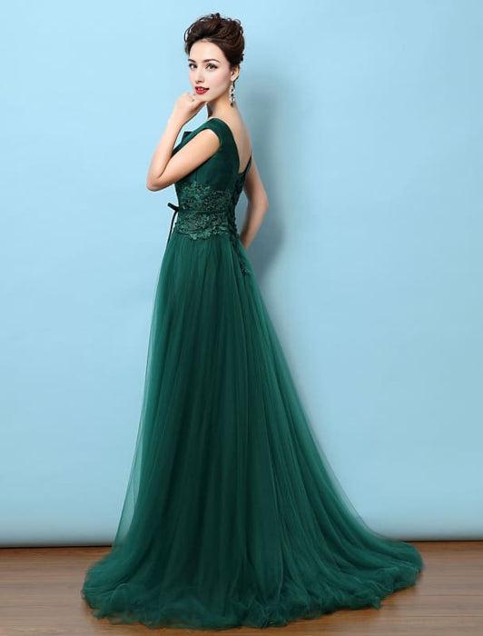 Tulle Evening Dress Backless Mother'S Dress Dark Green Notched Neckline Lace Applique Bow Wedding Guest Dresses With Train Wedding Guest Dress