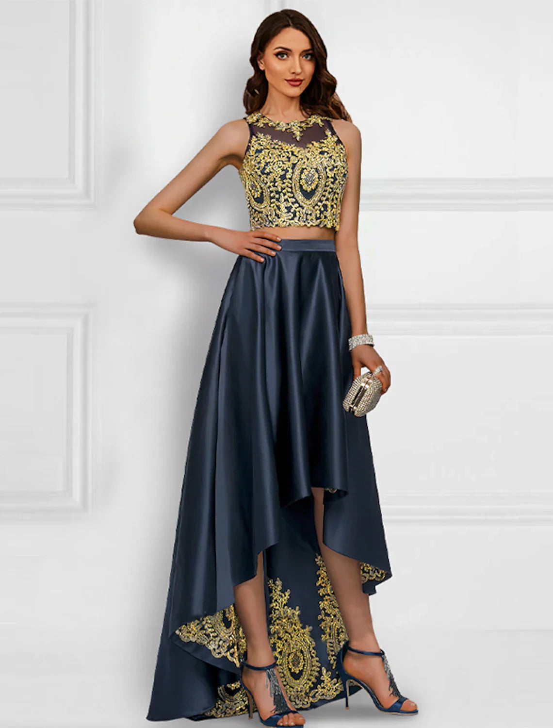 Two Piece Cocktail Dresses Sparkle & Shine Dress Prom Wedding Party Asymmetrical Sleeveless Jewel Neck Charmeuse with Appliques