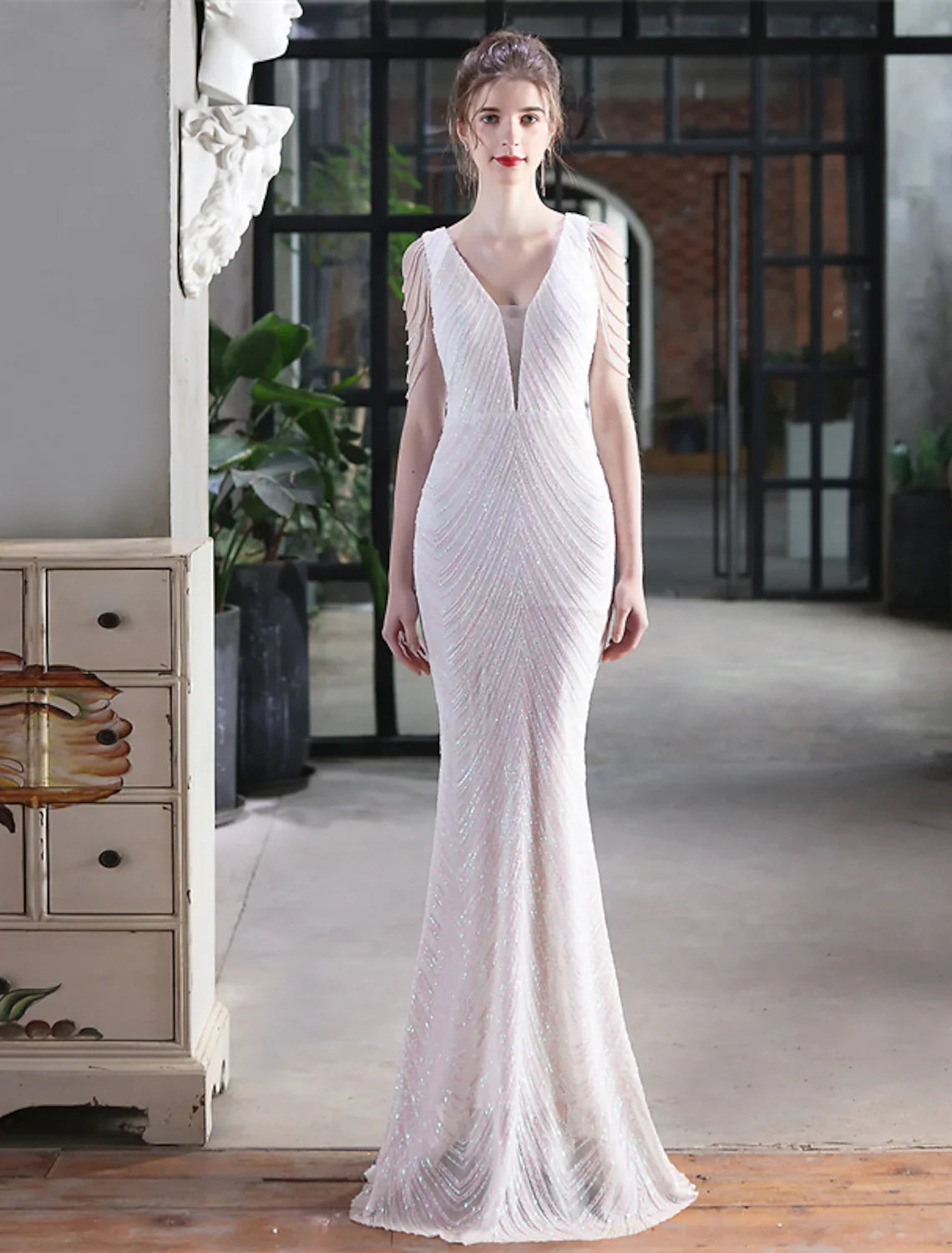 Evening Gown Sexy Dress Formal Floor Length Sleeveless V Neck Sequined with Tassel