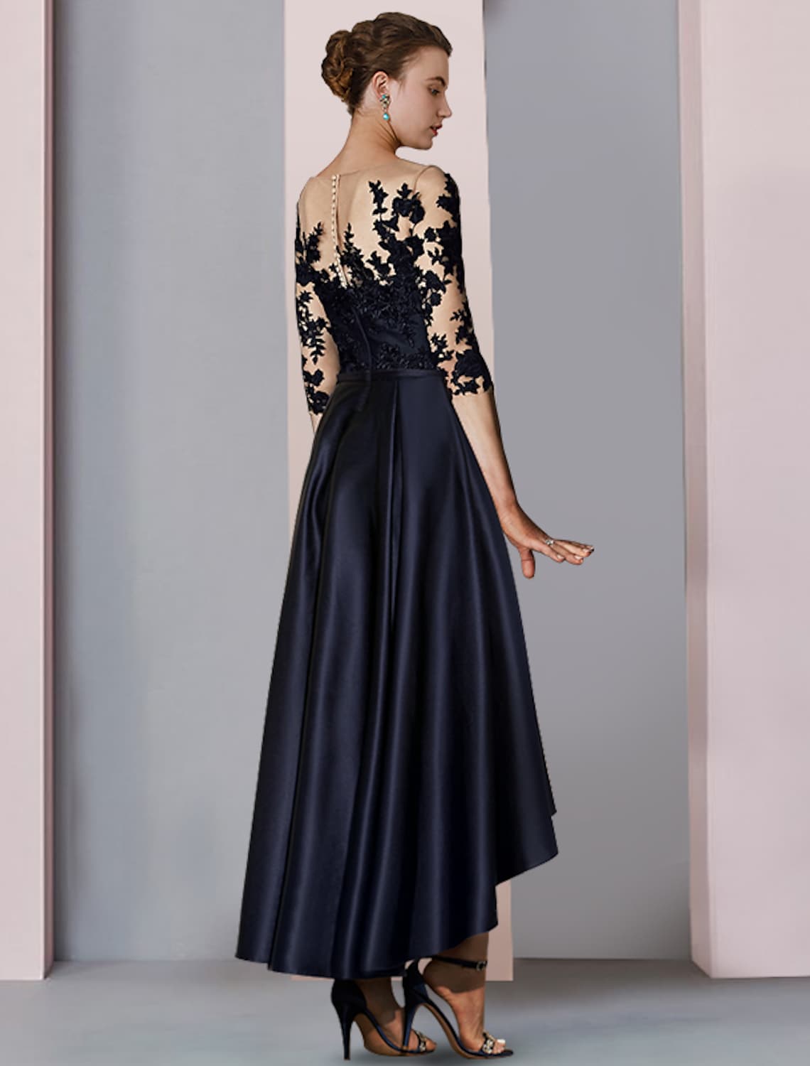 DingJiDress A-Line Mother of the Bride Dress Wedding Elegant Scoop Neck Asymmetrical Lace Sleeve Pleats Appliques