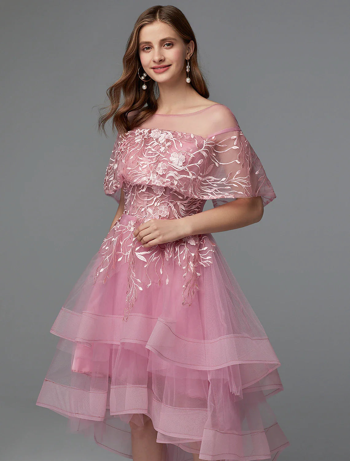 A-Line Elegant Dress Asymmetrical Sleeveless Neck Lace Tie Back with Lace