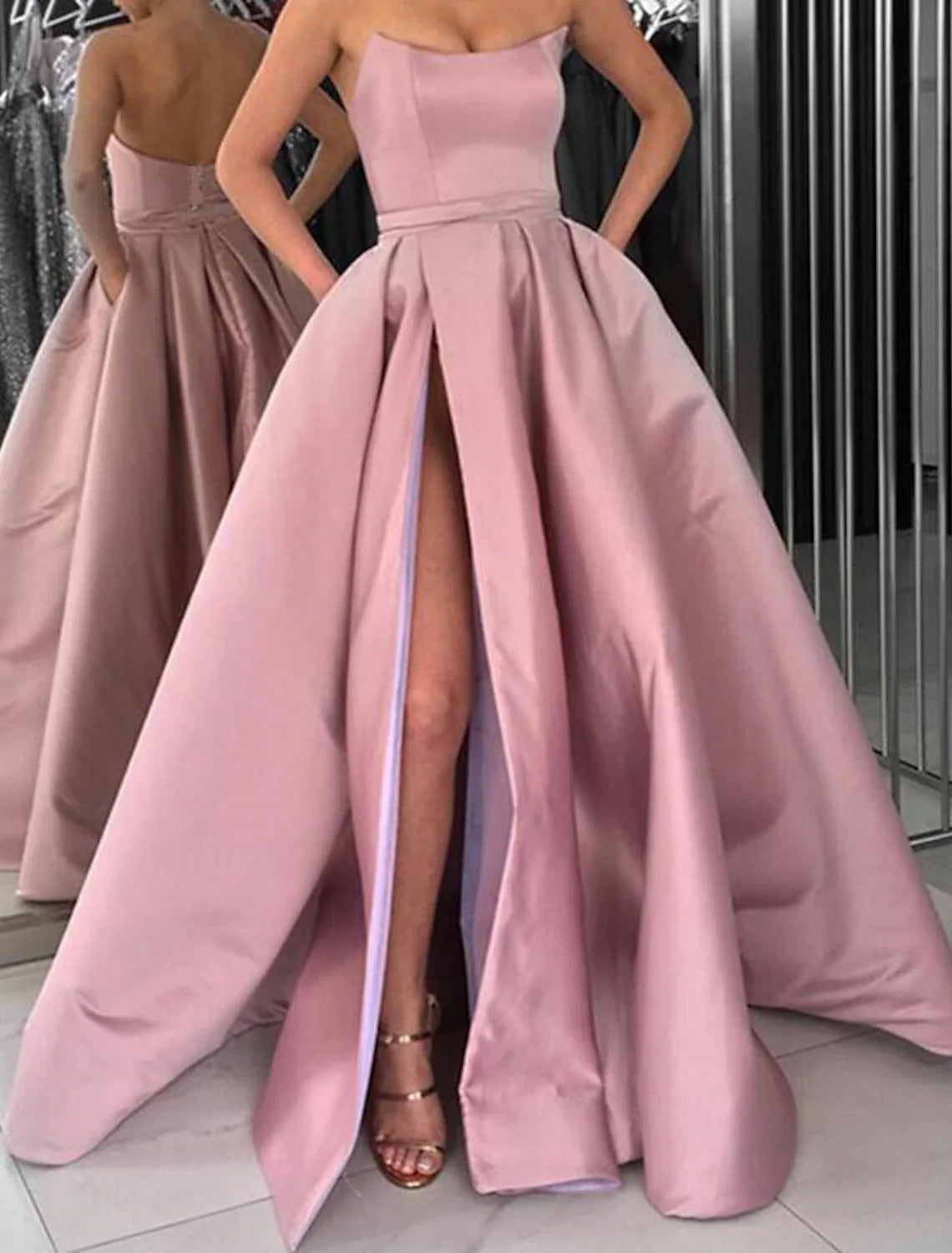 Ball Gown Party Dresses Minimalist Dress Prom Wedding Party Floor Length Sleeveless Jewel Neck Pocket Italy Satin Ladder Back with Sleek