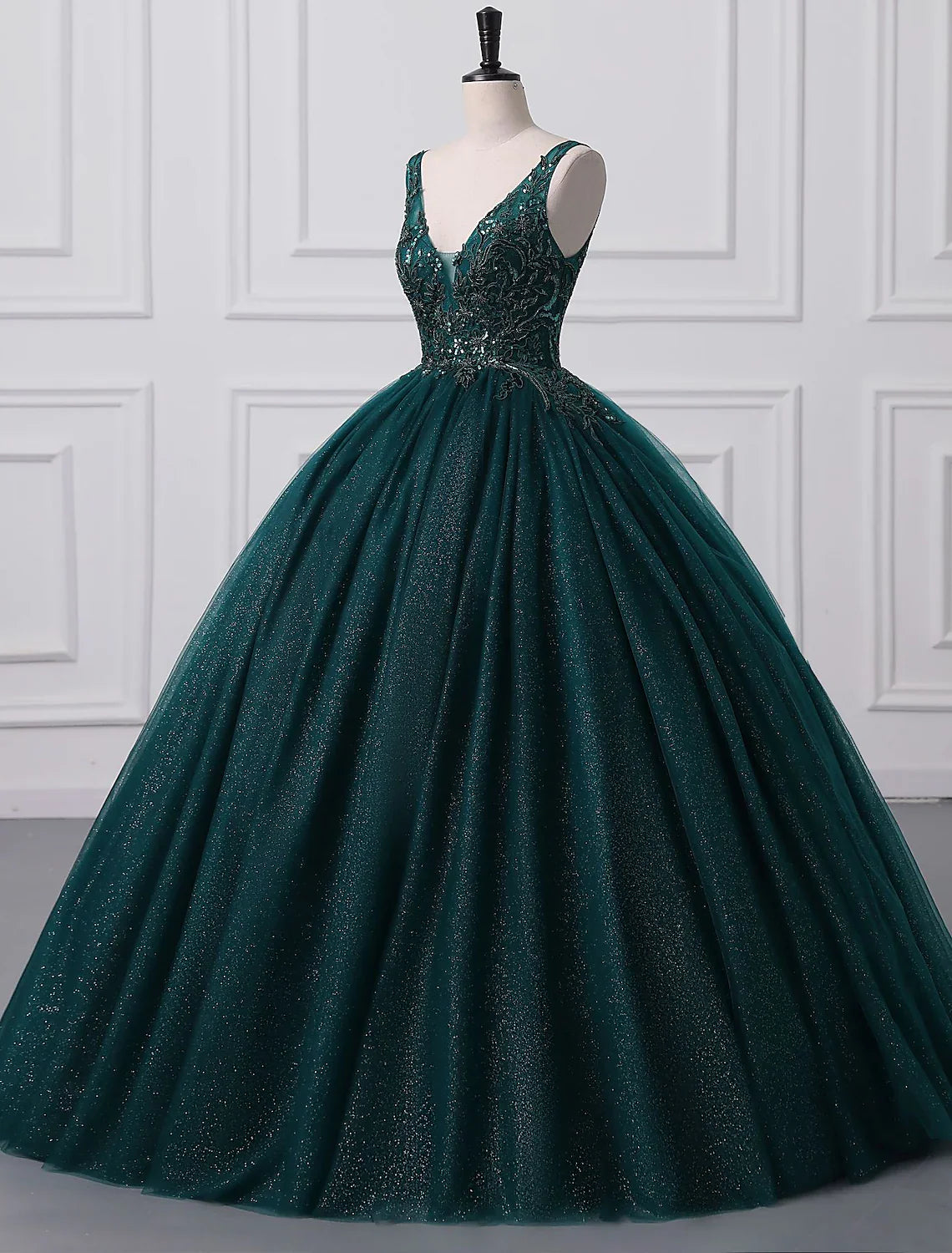 Prom Dresses Sparkle Shine Dress Quinceanera Floor Length Sleeveless V Neck Tulle with Sequin Appliques