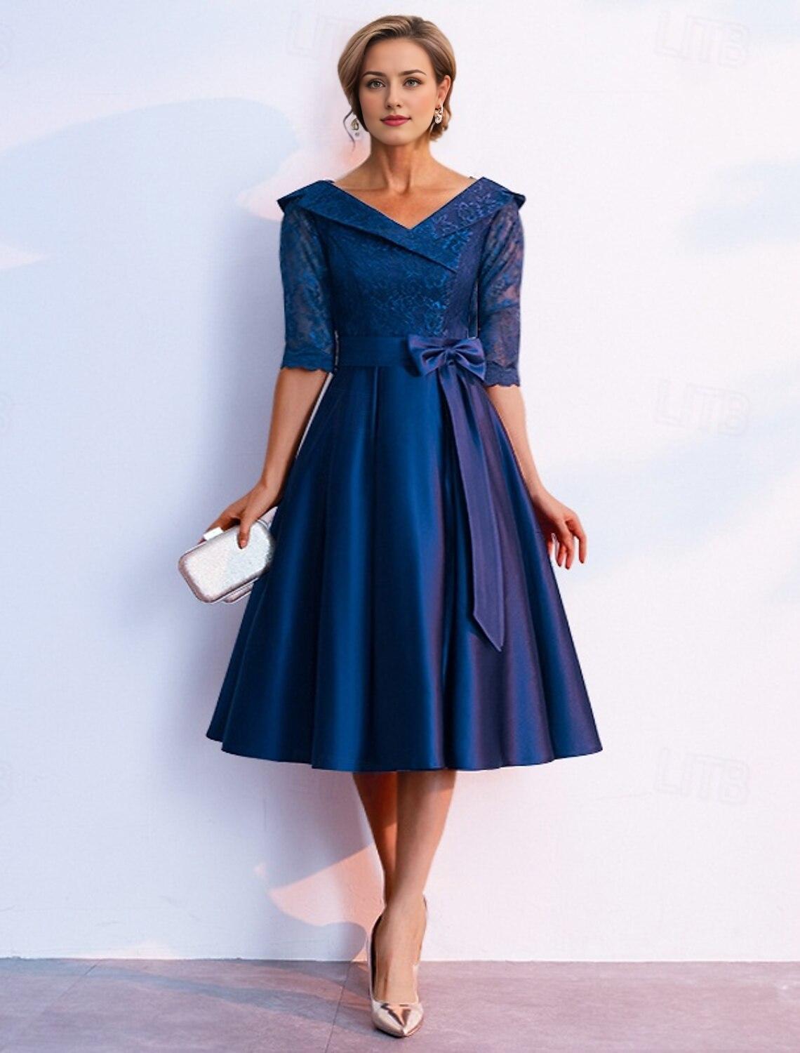 A-Line Mother of the Bride Dress Elegant V Neck Tea Length Lace 3/4 Length Sleeve with Bow(s) Derby Dress Race Day Dress