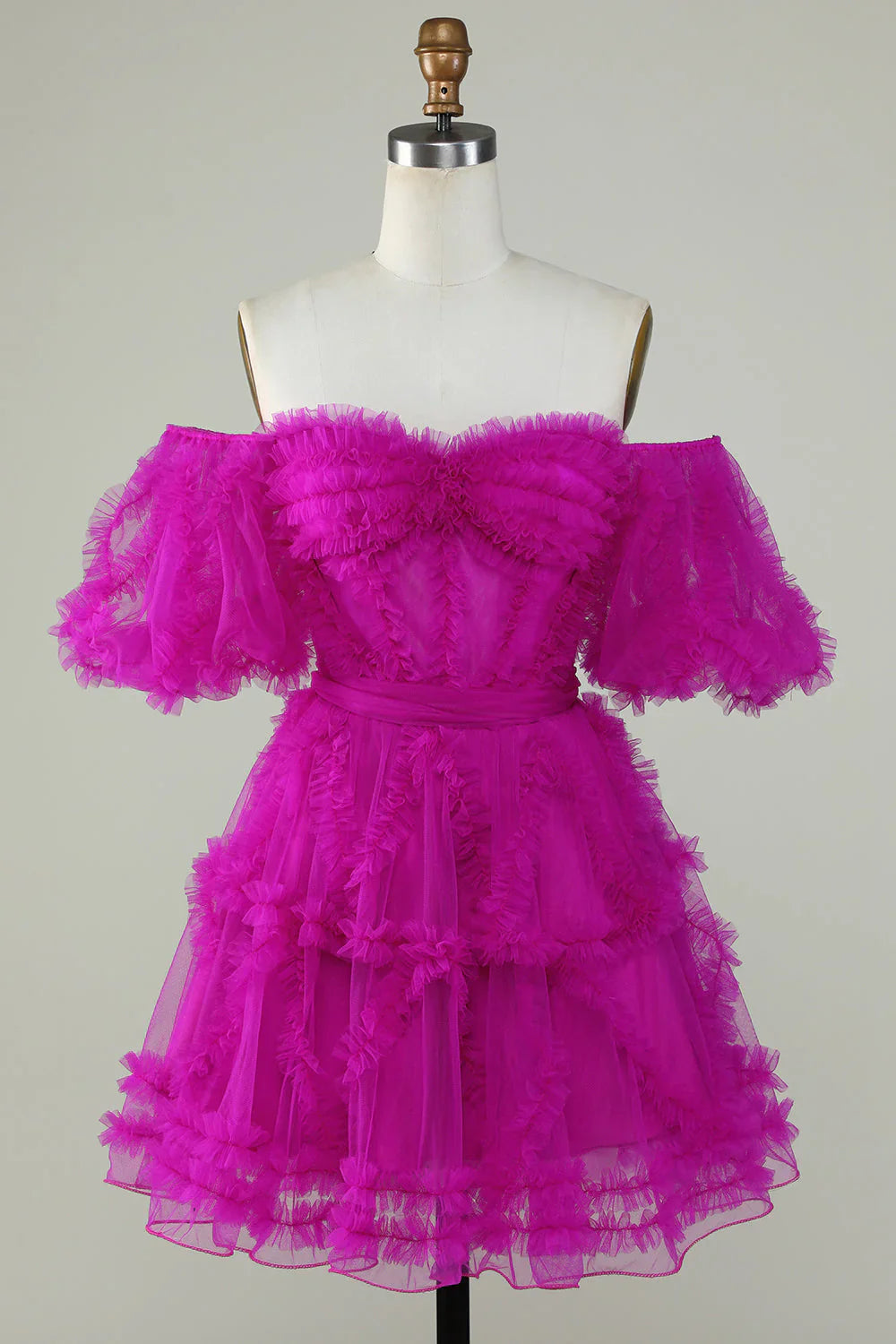 DingJiDress Cute A line Blush Tulle Off The Shoulder Short Homecoming Dress