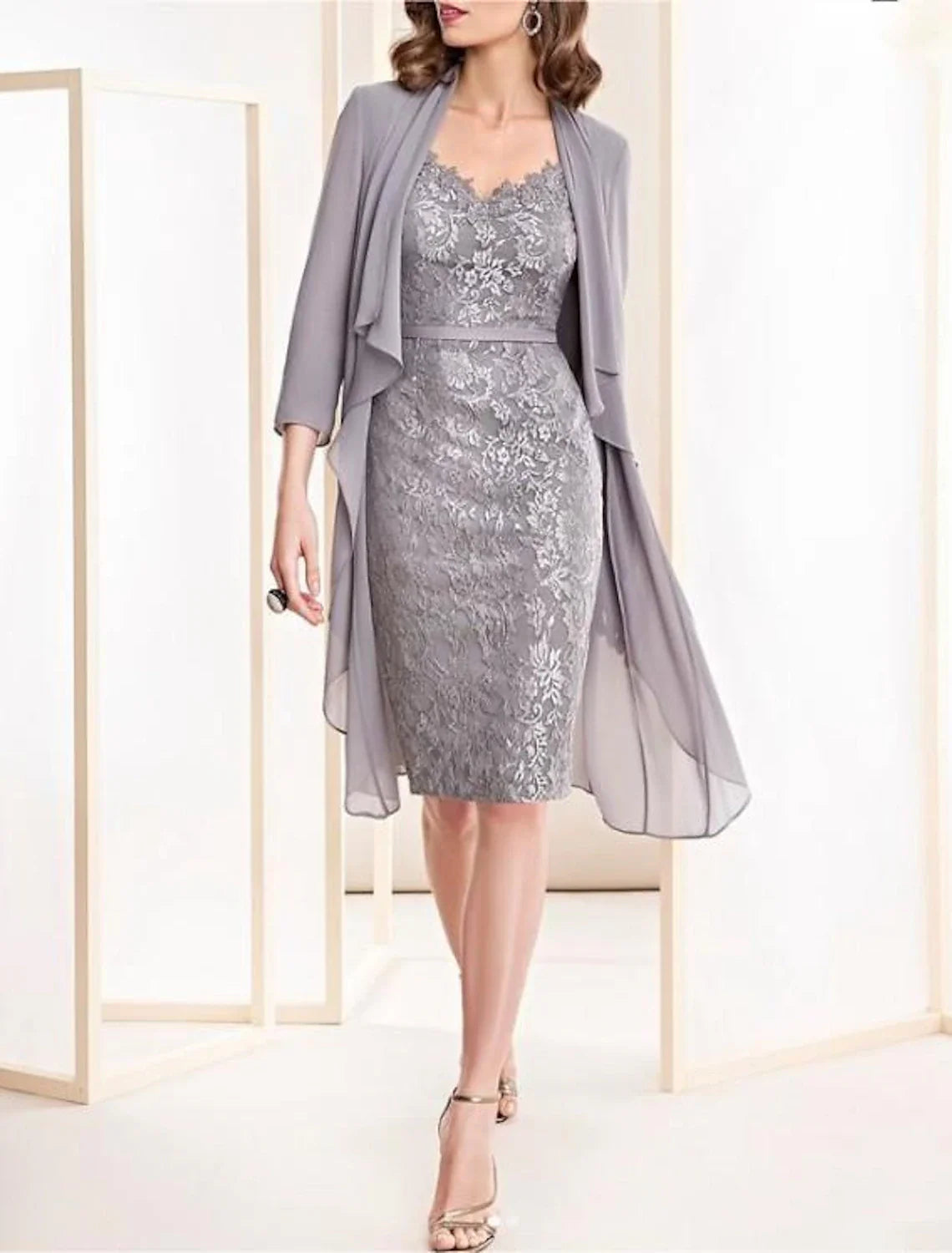 Two Piece Sheath / Column Mother of the Bride Dress Wedding Guest Elegant V Neck Knee Length Chiffon Lace 3/4 Length Sleeve with Lace Appliques
