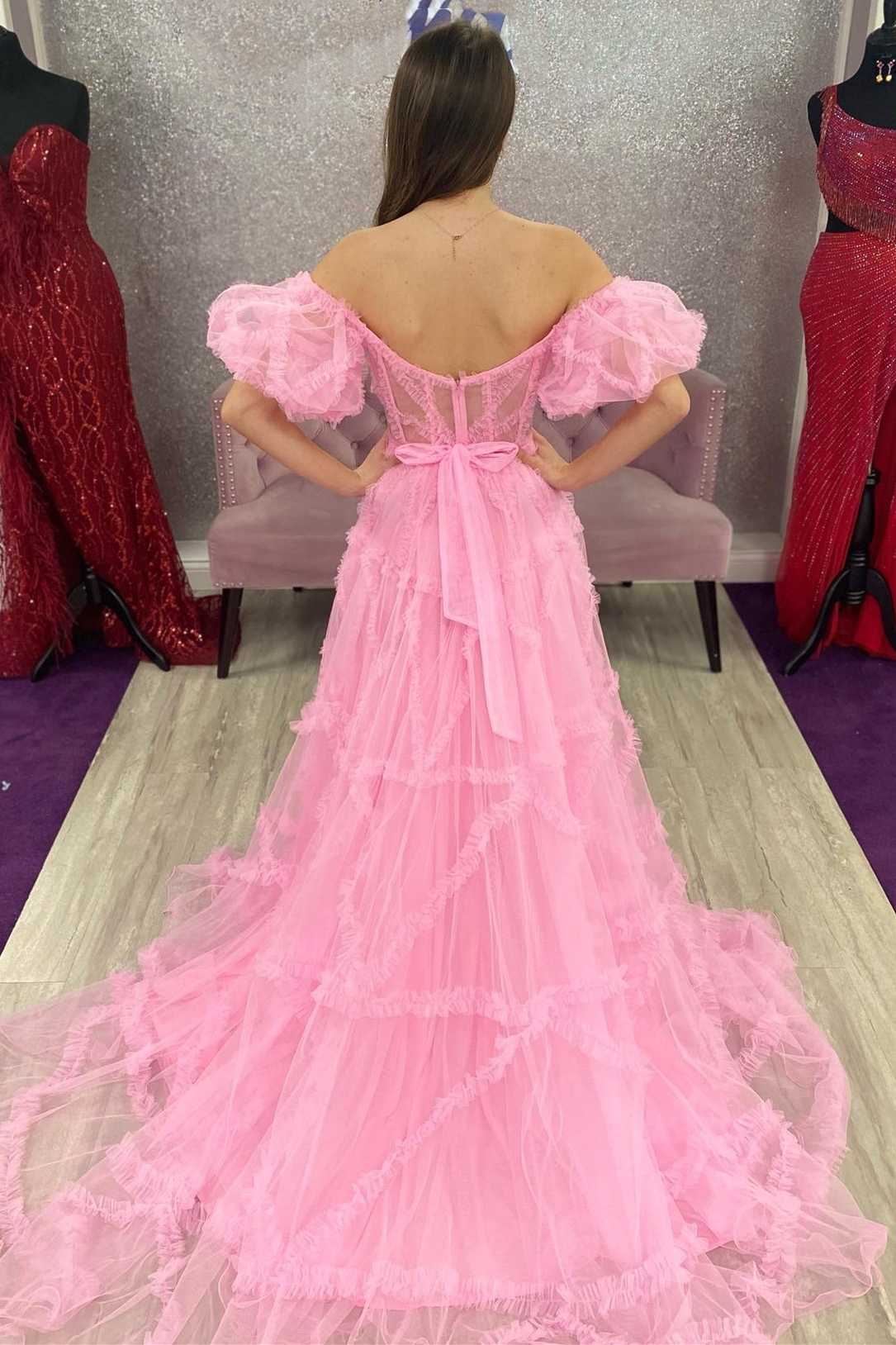 DingJiDress A Line Off the Shoulder Tulle Prom Dresses For Woman
