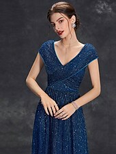Dress Mother of the Bride Dress Elegant Party V Neck Floor Length Chiffon Polyester Short Sleeve with Sequin
