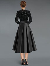 Black Gold A-Line Cocktail Dresses Elegant Dress Formal Wedding Tea Length Long Sleeve V Neck Fall Wedding Guest Satin with Glitter Sequin Derby Dresses