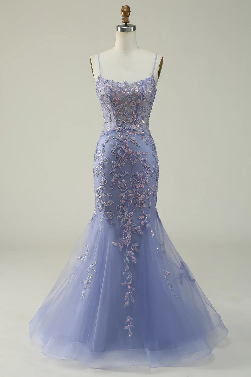 DingJiDress Purple Spaghetti Straps Tulle Long Prom Dress With Appliques