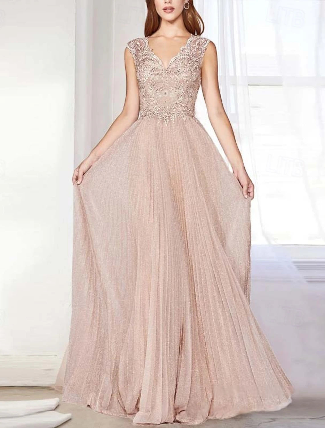 Mother of the Bride Dress Elegant Simple Minimalist V Neck Floor Length Lace Tulle Sleeveless with Appliques