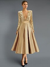 Black Gold A-Line Cocktail Dresses Elegant Dress Formal Wedding Tea Length Long Sleeve V Neck Fall Wedding Guest Satin with Glitter Sequin Derby Dresses