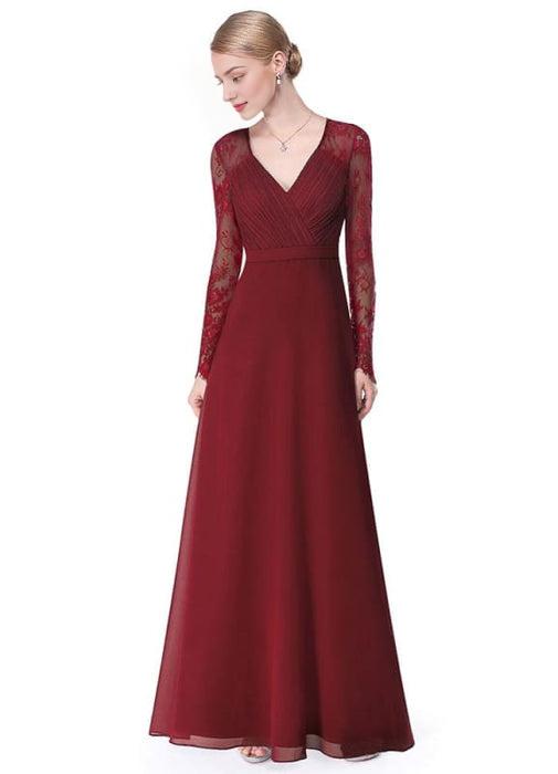 V Neck Evening Dress Illusion Lace Sleeve Mother Of The Bride Dress Ruched A Line Floor Length Wedding Party Dress In Dark Navy Wedding Guest Dress