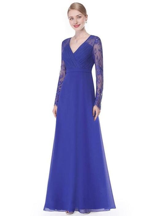 V Neck Evening Dress Illusion Lace Sleeve Mother Of The Bride Dress Ruched A Line Floor Length Wedding Party Dress In Dark Navy Wedding Guest Dress