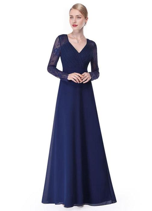 V Neck Evening Dress Illusion Lace Sleeve Mother Of The Bride Dress Ruched A Line Floor Length Wedding Party Dress In Dark Navy Wedding Guest Dress