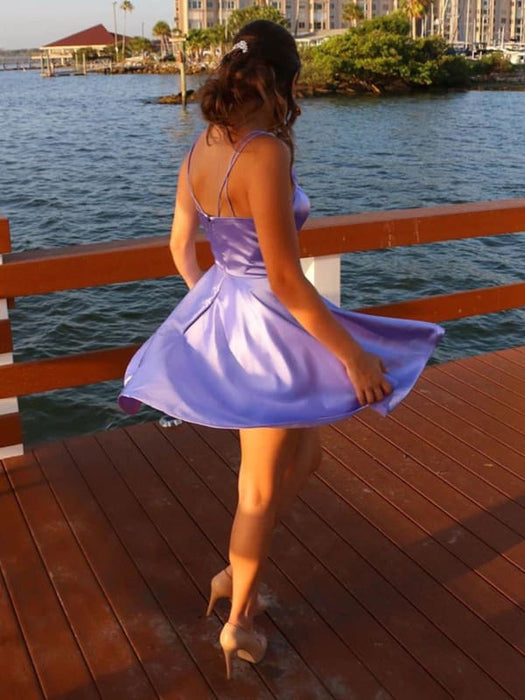 V-neck purple short ball dress with pocket light purple back to school dress V-neck purple formal graduation evening dress
