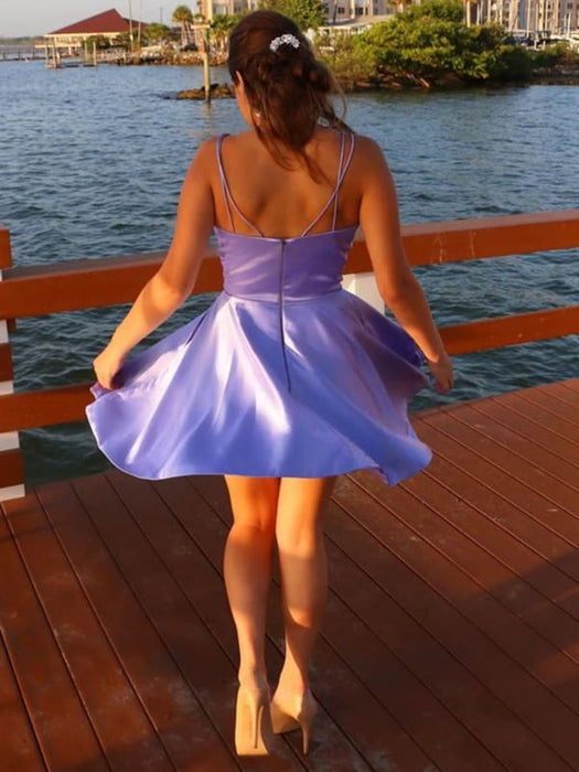 V-neck purple short ball dress with pocket light purple back to school dress V-neck purple formal graduation evening dress