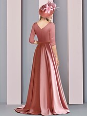 A-Line Mother of the Bride Dress Formal Evening Elegant Simple V Neck Sweep / Brush Train Stretch Satin 3/4 Length Sleeve with Pleats Ruched Ruching