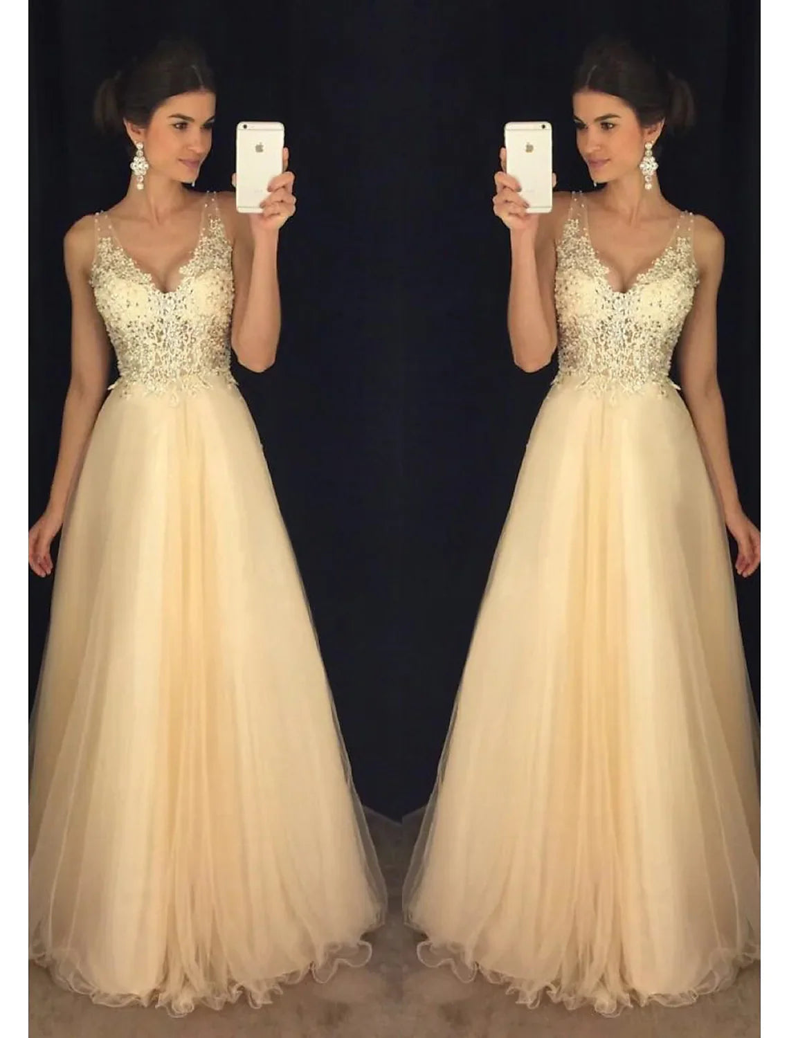 A-Line Prom Dresses Dress Formal Floor Length Sleeveless V Neck Tulle V Back Beading Appliques