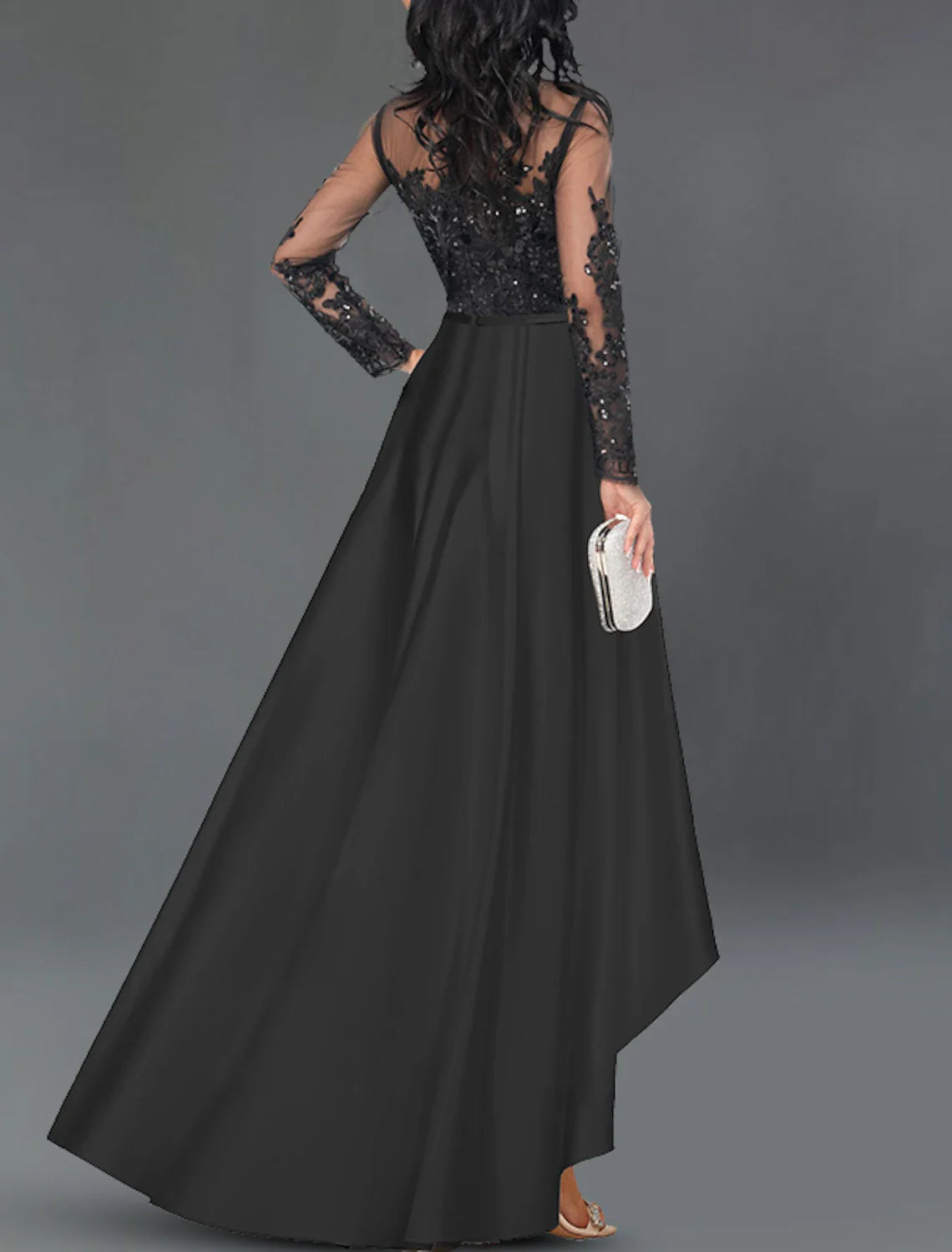 A-Line Cocktail Dresses Elegant Dress Party Wear Wedding Party Asymmetrical Long Sleeve Jewel Neck Satin with Crystals Appliques