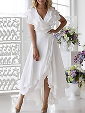 Beach Wedding A-Line Mother of the Bride Dress Wedding Guest Elegant High Low V Neck Asymmetrical Chiffon Short Sleeve with Ruffles Split Front