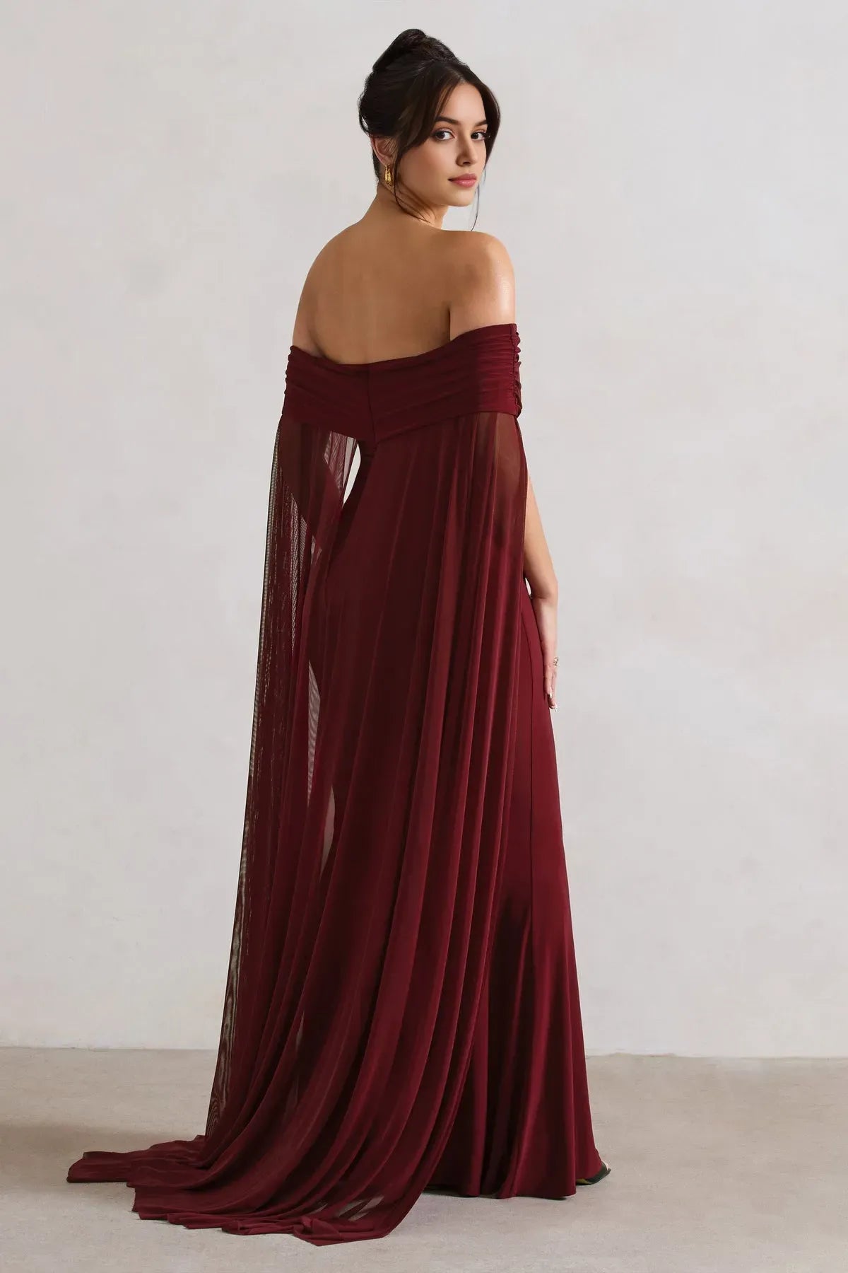 Stunning Burgundy Off - Shoulder Prom Dress with Enchanting Cape - Style Sleeves and Flattering Mermaid Silhouette