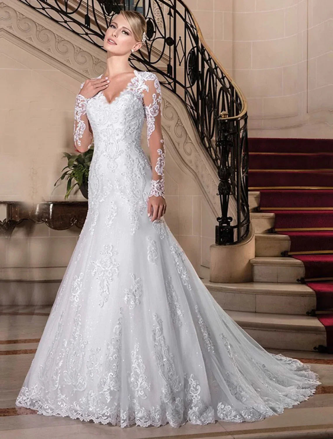 Engagement Formal Wedding Dresses Chapel Long Sleeve V Neck Lace Beading