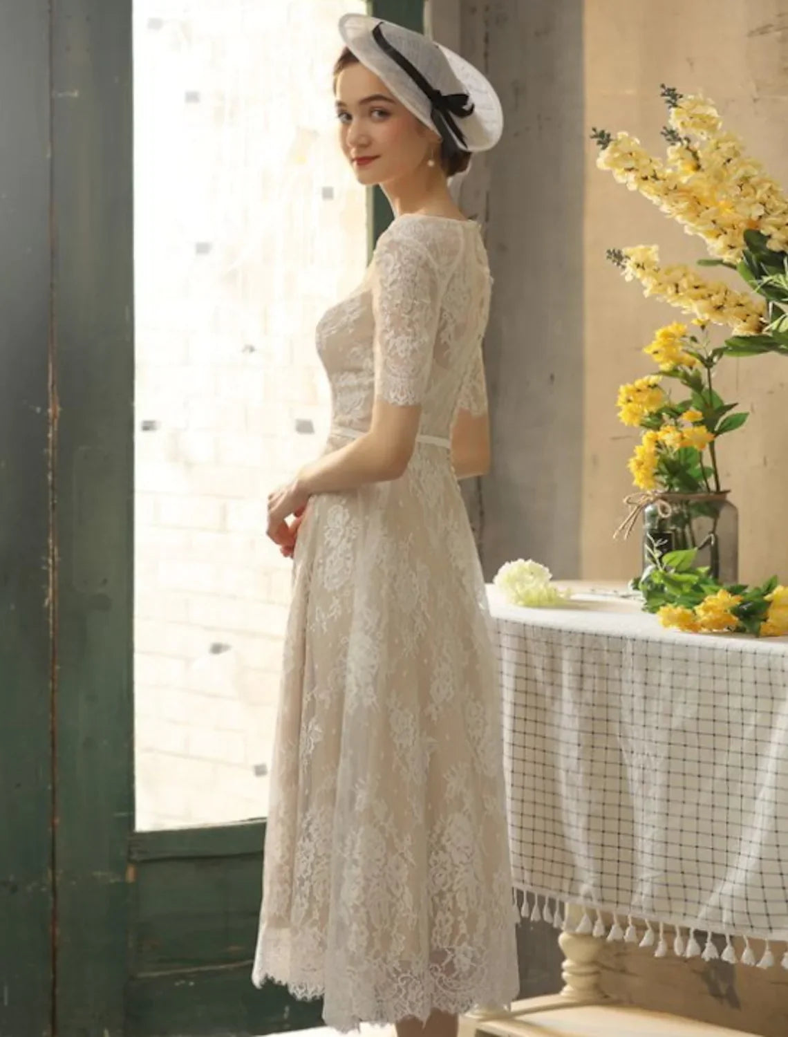 Bridal Little White Dresses Wedding Dresses A-Line Half Sleeve Lace With Sash Ribbon Appliques