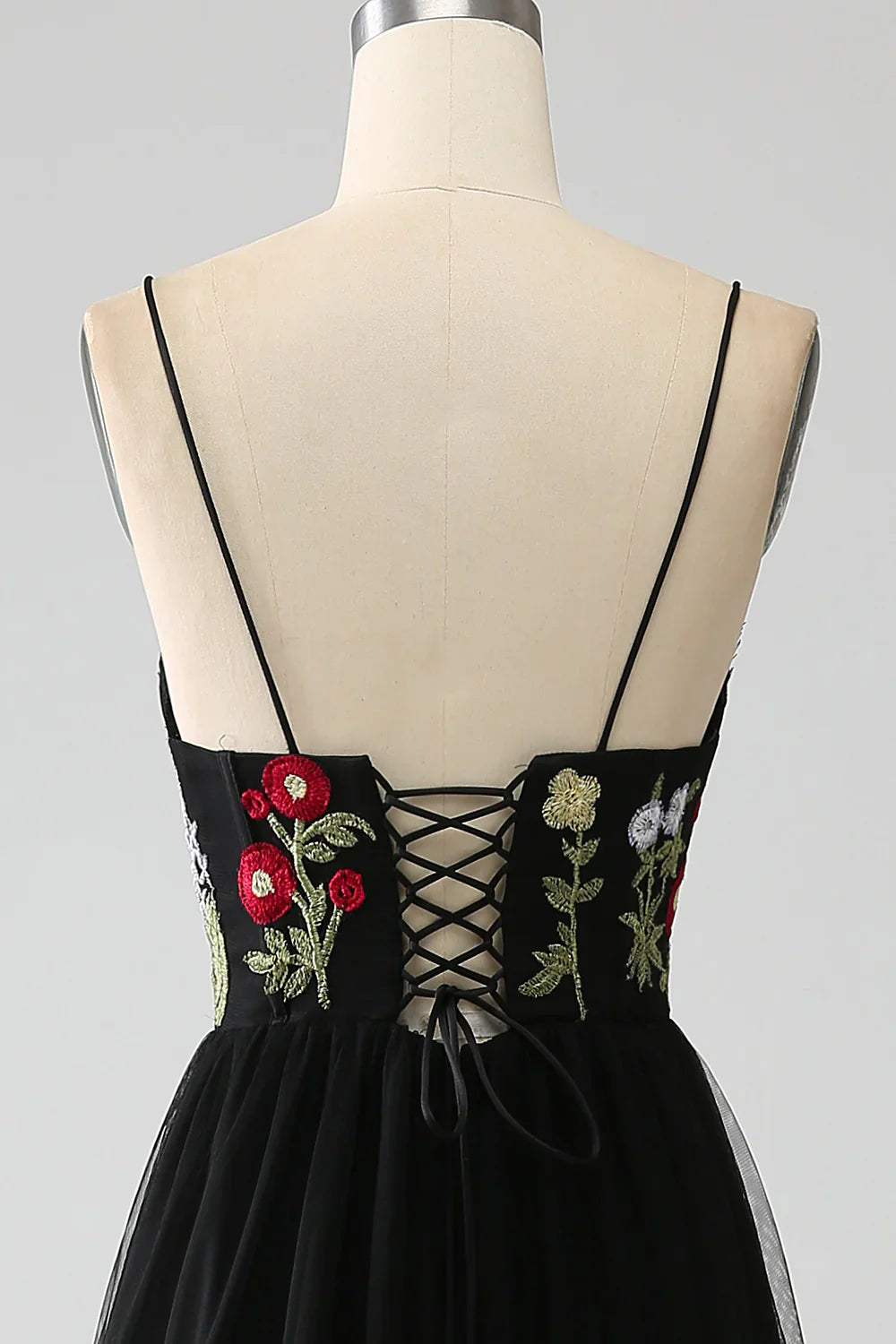 DingJiDress Black A-Line Spaghetti Straps Embroidered Long Corset Prom Dress