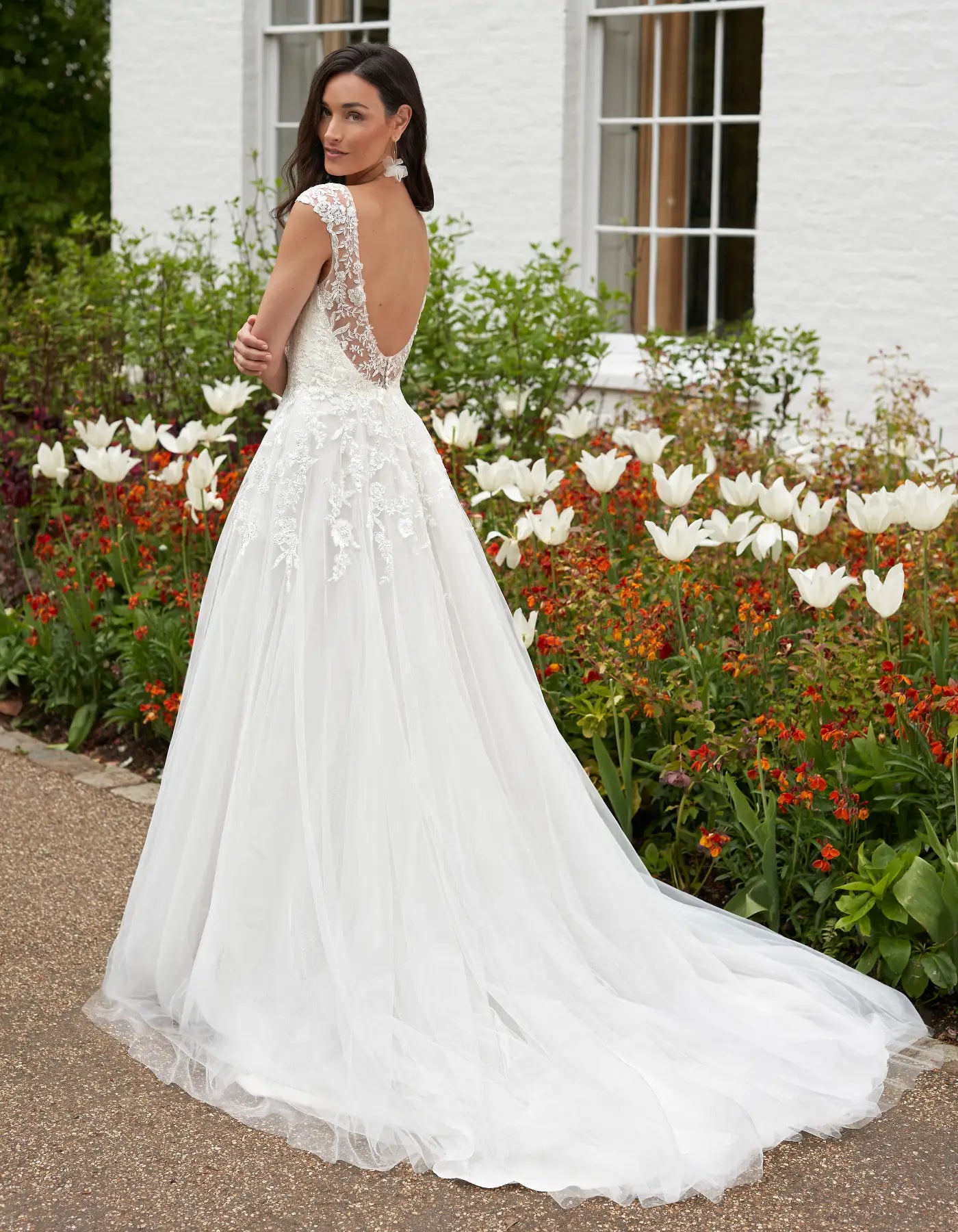 DingJiDress slim a-line with illusion straps and floral lace