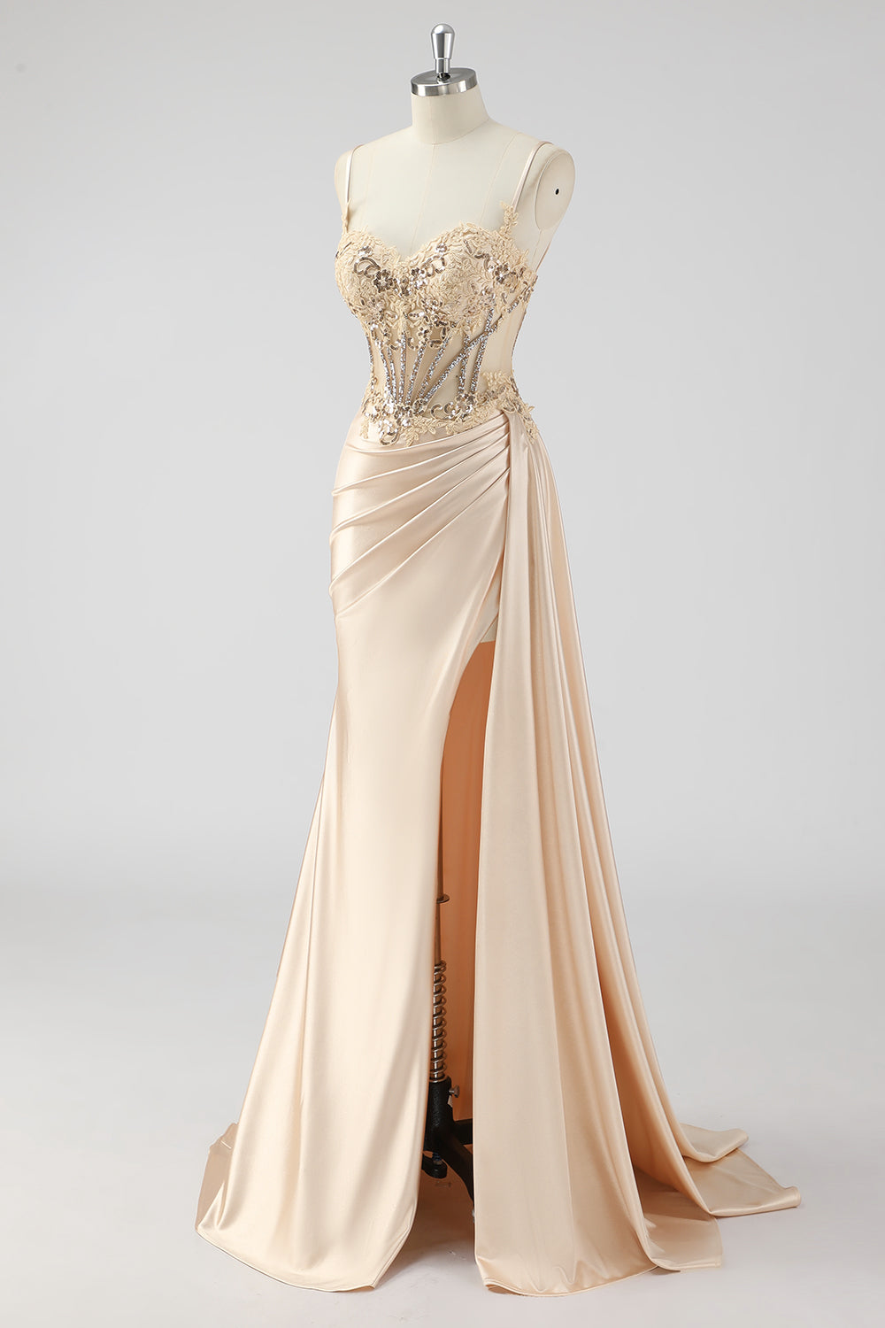 Silver Mermaid Pleated Sheer Long Corset Satin Prom Dress With Slit