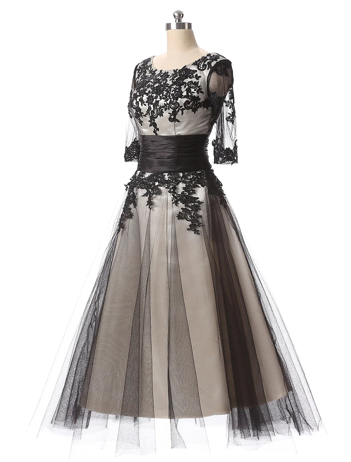 Evening Gown Dress Wedding Guest Ankle Length Half Sleeve Neck with Lace Appliques