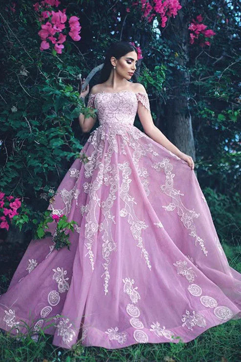 DingJiDress Off The Shoulder Evening Dress Tulle Prom Dresses Ball Gown With Lace Appliques