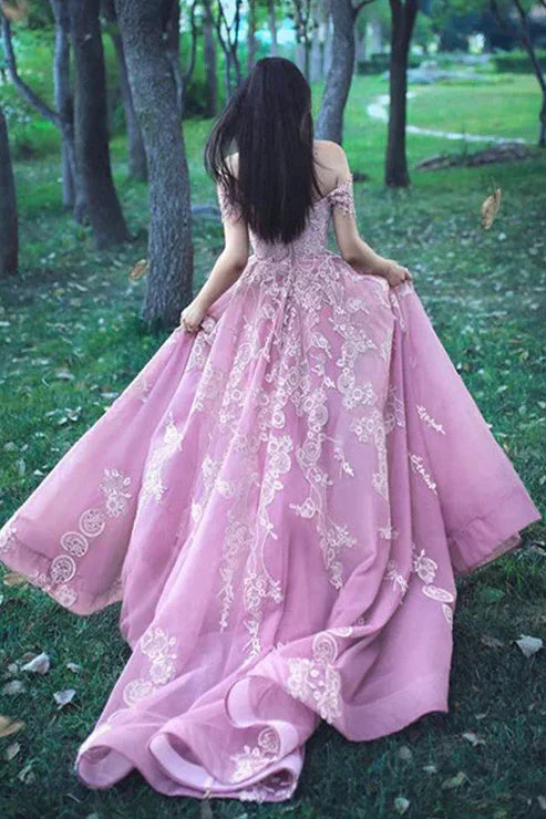 DingJiDress Off The Shoulder Evening Dress Tulle Prom Dresses Ball Gown With Lace Appliques