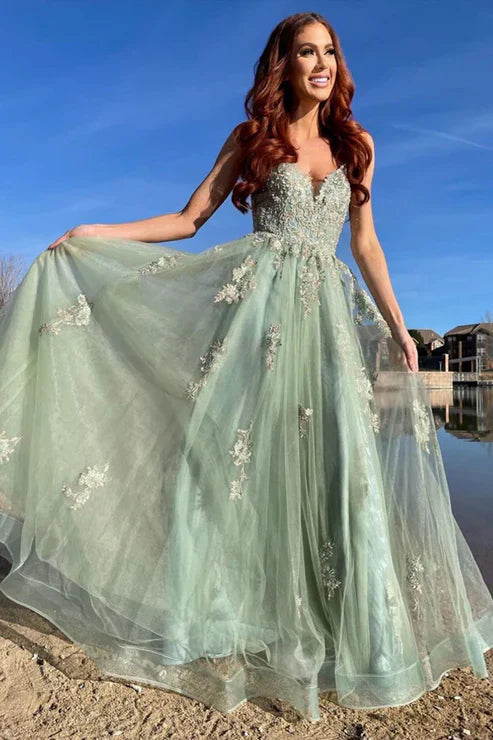 DingJiDress Elegant A Line Evening Dress Mint Green Tulle Prom Dresses With Appliques