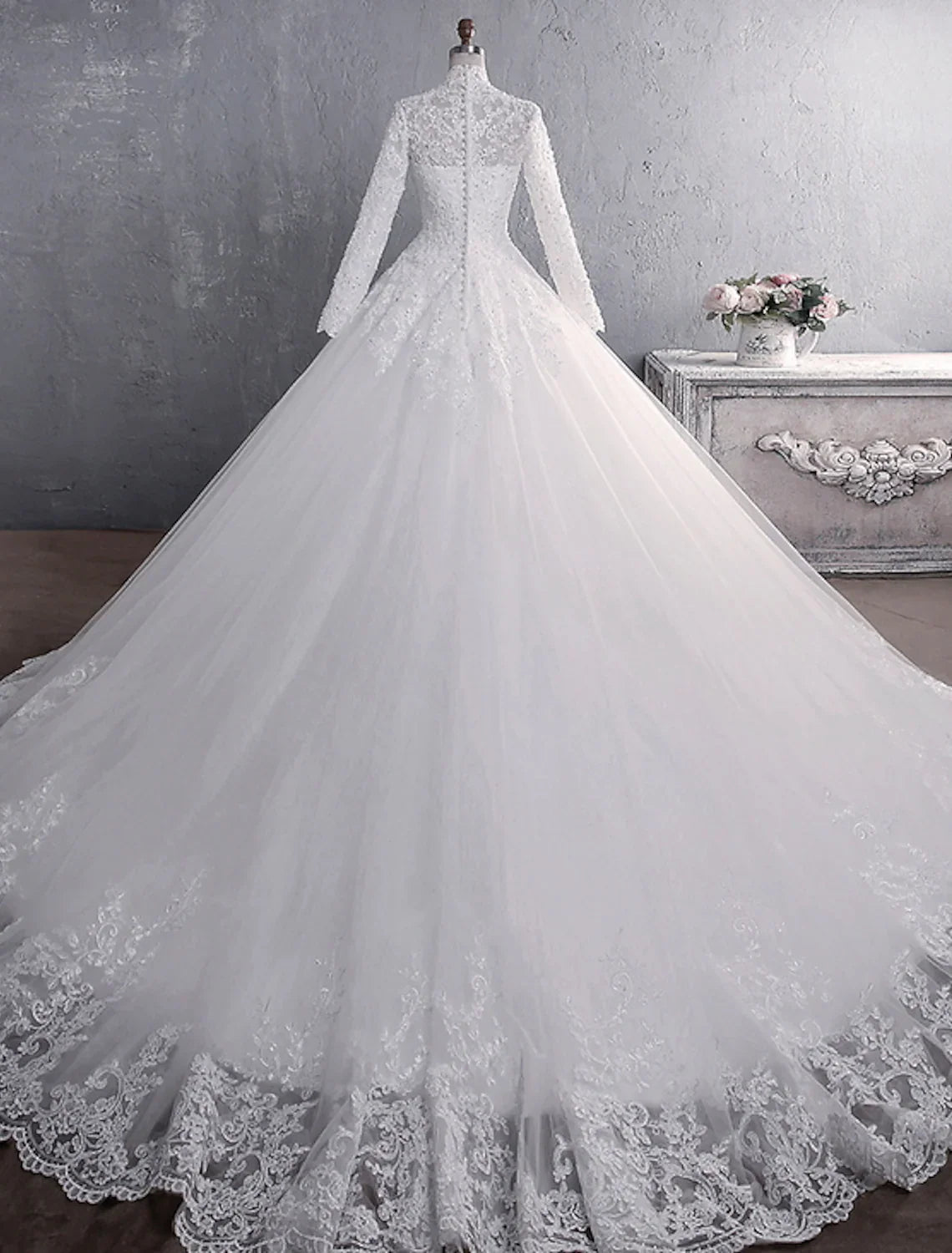 Engagement Formal Wedding Dresses Princess Long Sleeve High Neck Lace Appliques