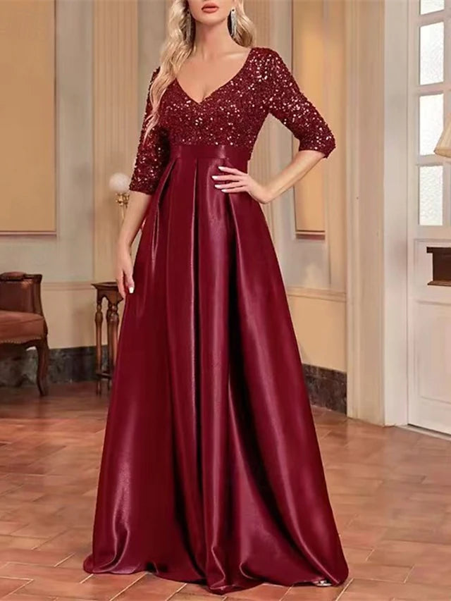 A-Line Evening Gown Party Dress Evening Party Party Wear Floor Length Short Sleeve V Neck Wednesday Addams Family Lace Cowl Back with Glitter Sequin