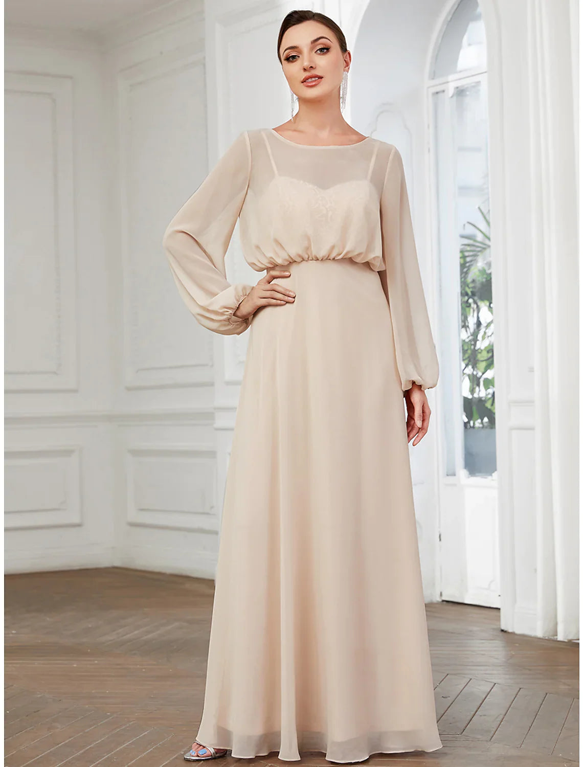 A-Line Prom Dresses Wedding Guest Floor Length Long Sleeve Chiffon with Buttons