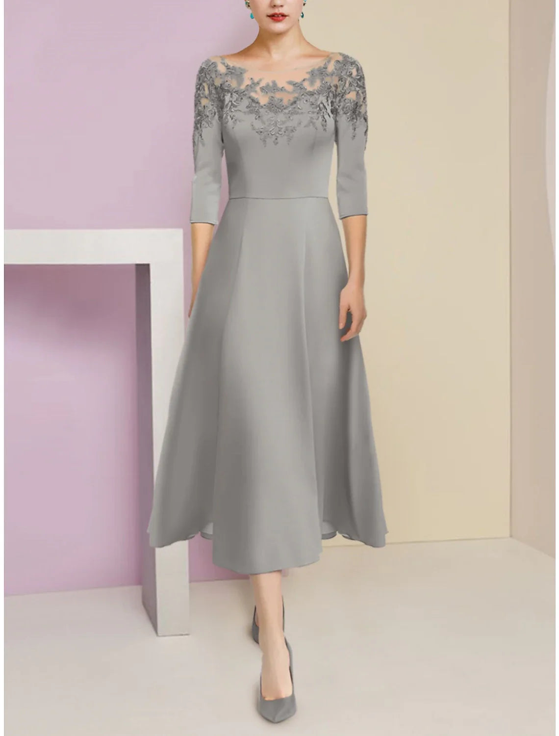 A-Line Mother of the Bride Dress Wedding Guest Elegant Scoop Neck Tea Length Stretch Chiffon Half Sleeve with Lace Ruching Solid Color